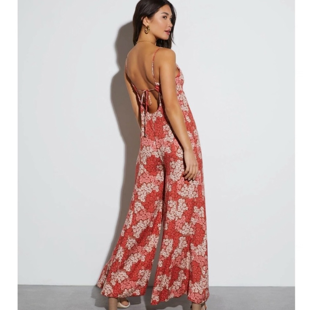 Jacqui E Floral Back-Tie Jumpsuit in Red and White